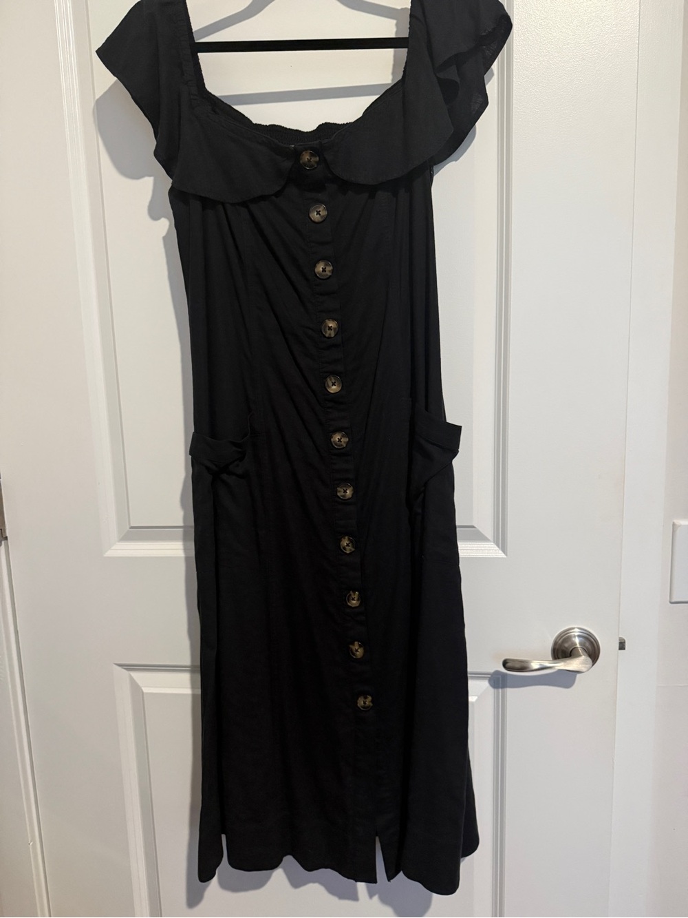 Anthropologie Black Button-Front Midi Dress with Ruffle Neck